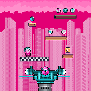 Magenta pixel video game with player and small Deutsche Telekom logos in a virtual city