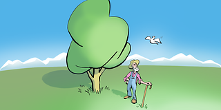 Ein Mann steht auf einer Wiese, Baum, Vogel.