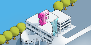 Zeichnung von der Telekom Zentrale: ein Gebäude mit großem T auf dem Dach.