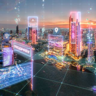 A futuristic city view at sunset with digital holograms such as “event”, “teleport”, and “marketplace”
