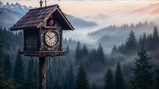 A perfect match: a typical clock from the black forest region and a magenta bird.