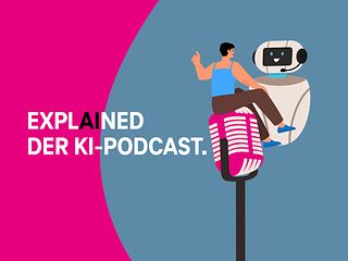 Titelbild des Podcasts zeigt Mikrophon, Mensch und Roboter.